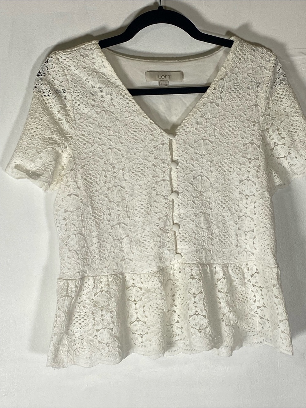 LOFT Lace Peplum Babydoll Crochet Top Cream Romantic Cottagecore Coquette Blouse
